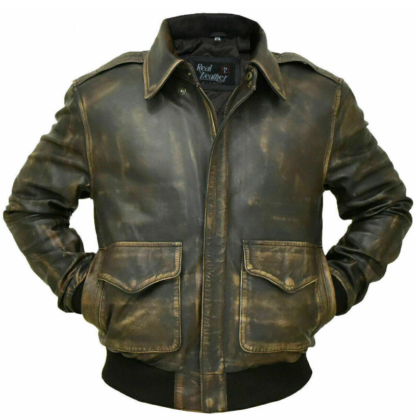 A-2 Aviator Real Cowhide Distressed Leather Bomber Jacket Vintage Brown