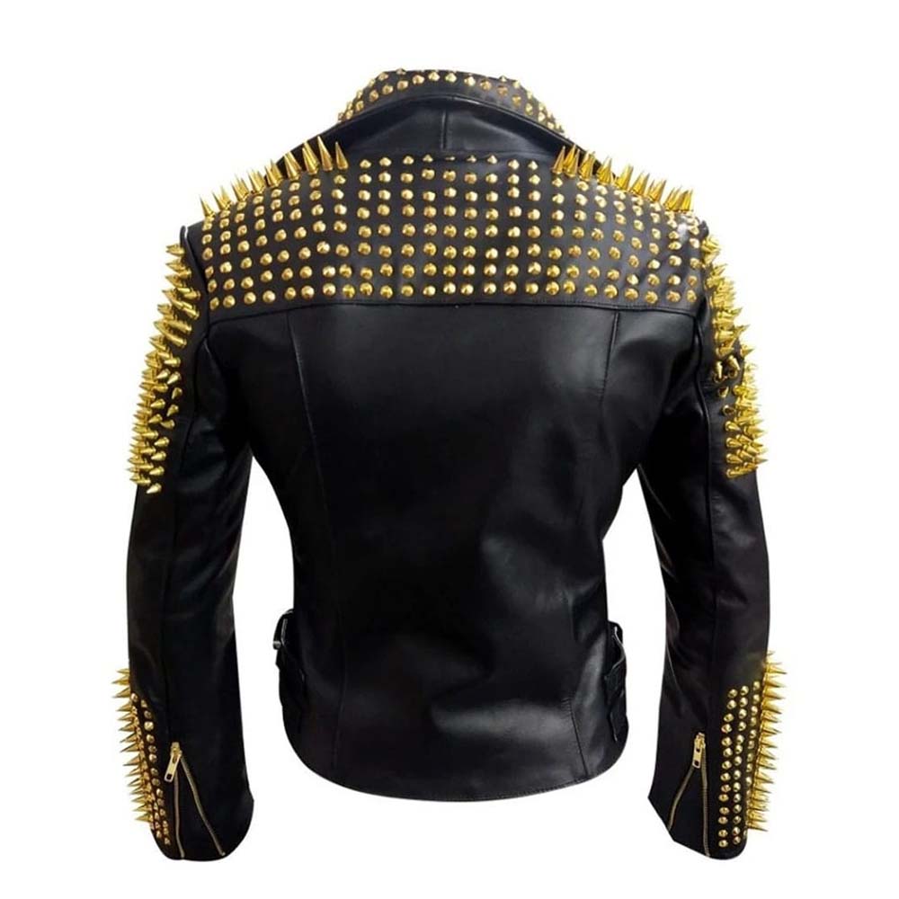 Womens Black Motorbike Leather Jacket With Gold Studs