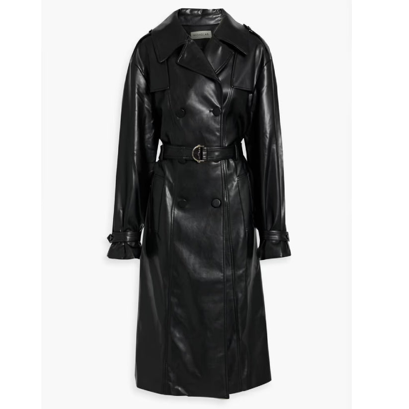 Belted Faux Leather Trench Coat