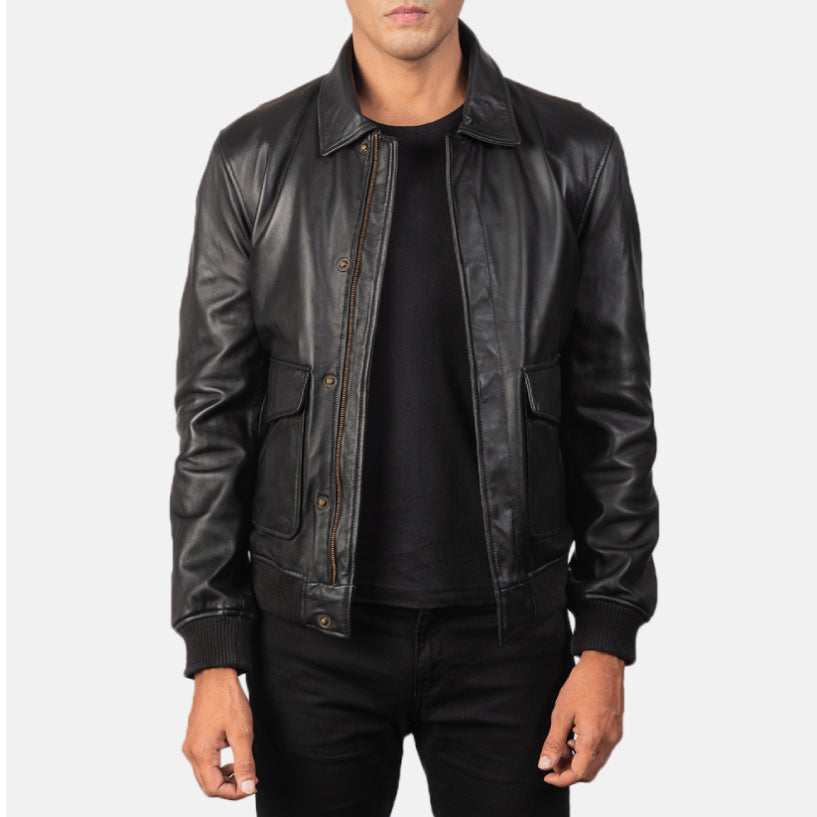 Black A2 Leather Bomber Jacket