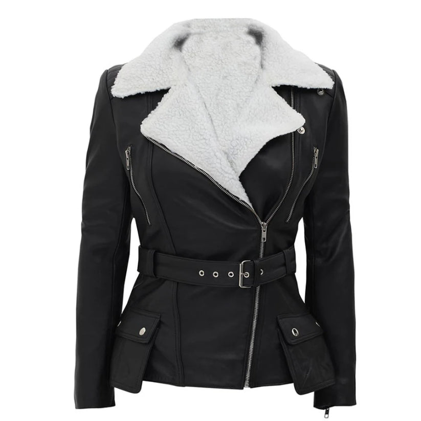 Black Belted Shearling Leather Jacket