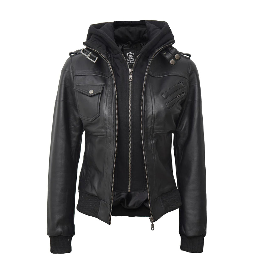 Black Bomber Leather Jacket Womens Hooded Jacket