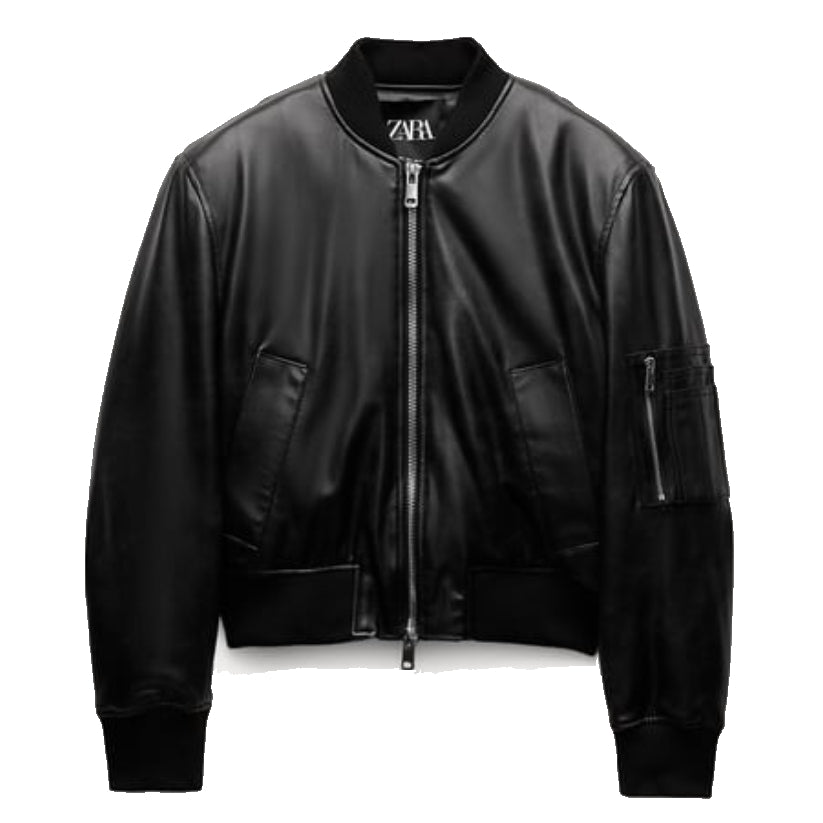Black Faux Leather Bomber Jacket