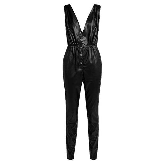 Black Faux Leather Jumpsuits