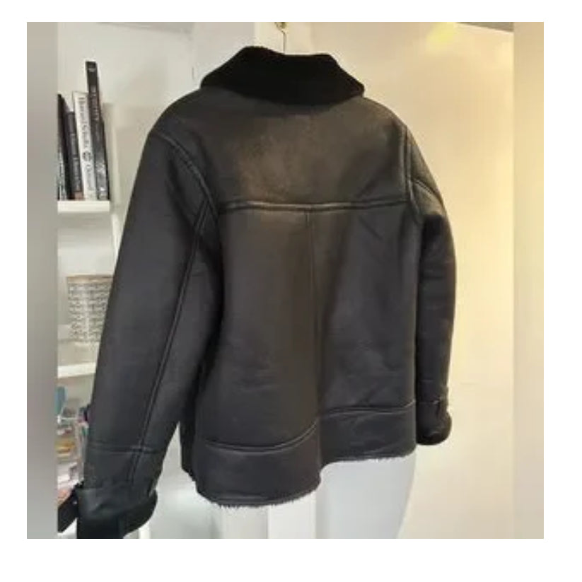 Black Leather Look Faux Fur Lined Aviator Jacket