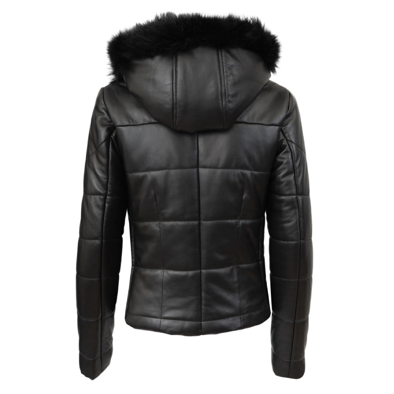 Black Leather Puffer Jacket with Fur Hood