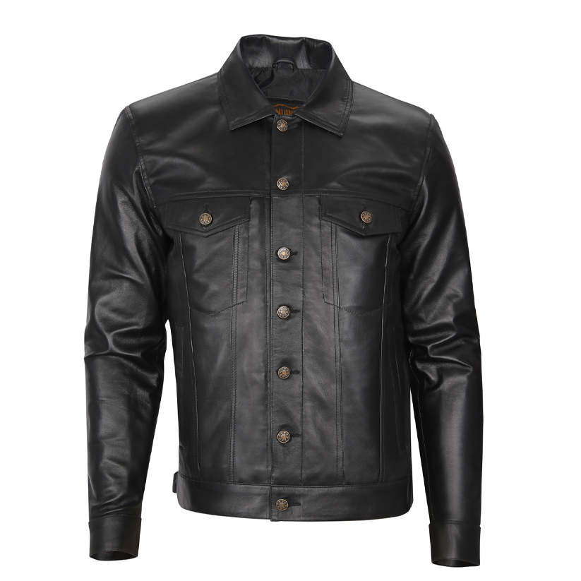 Black Leather Trucker Jacket Western Style