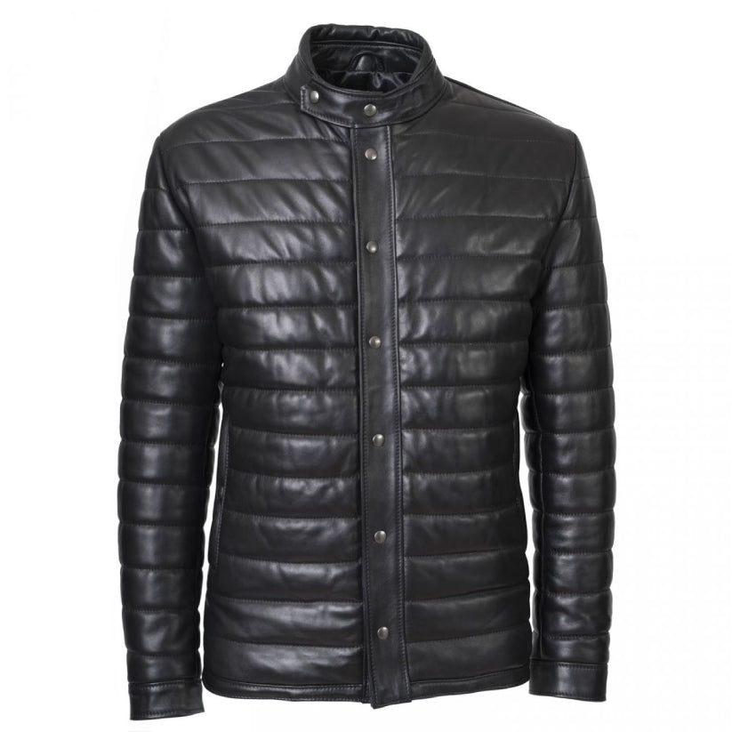 Black Leather Winter Puffer Jacket