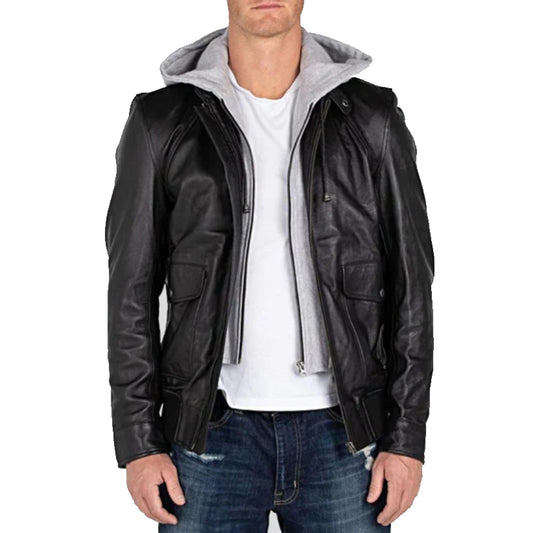 Black Removable Hooded Leather Jacket