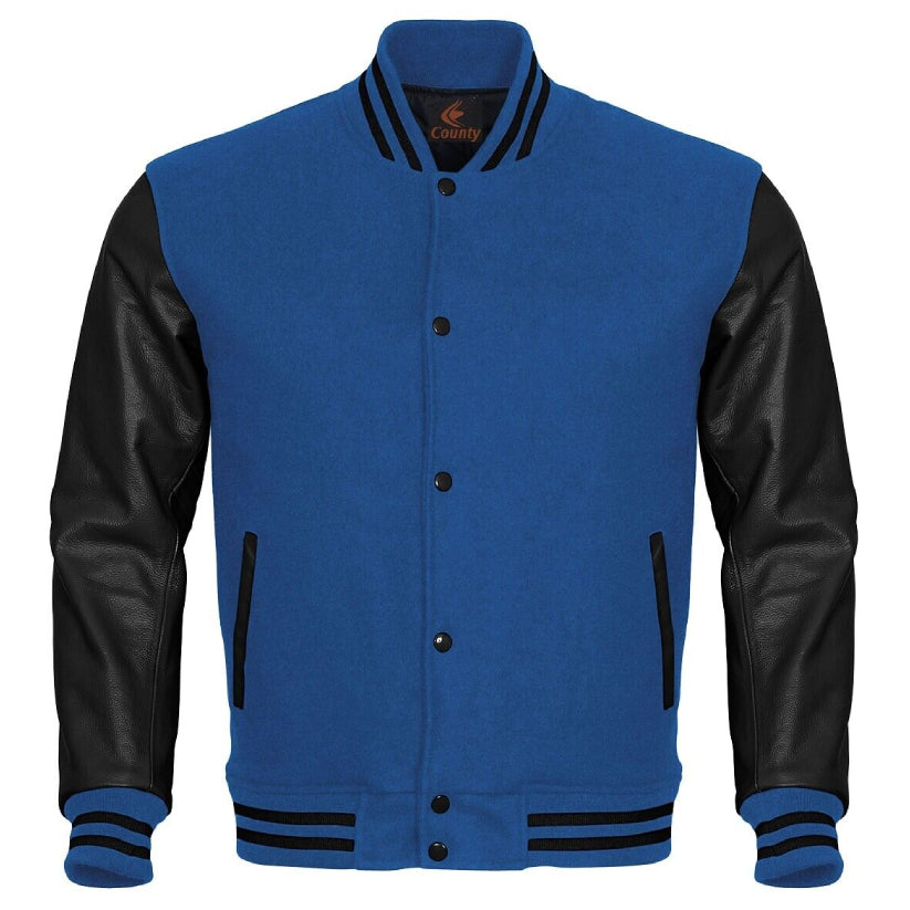 Blue and Black Leather Sleeves Varsity Jacket