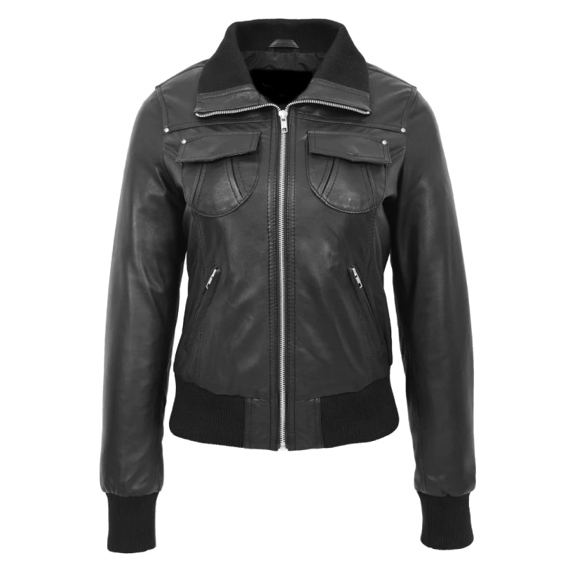 Bomber Black Leather Jacket Women