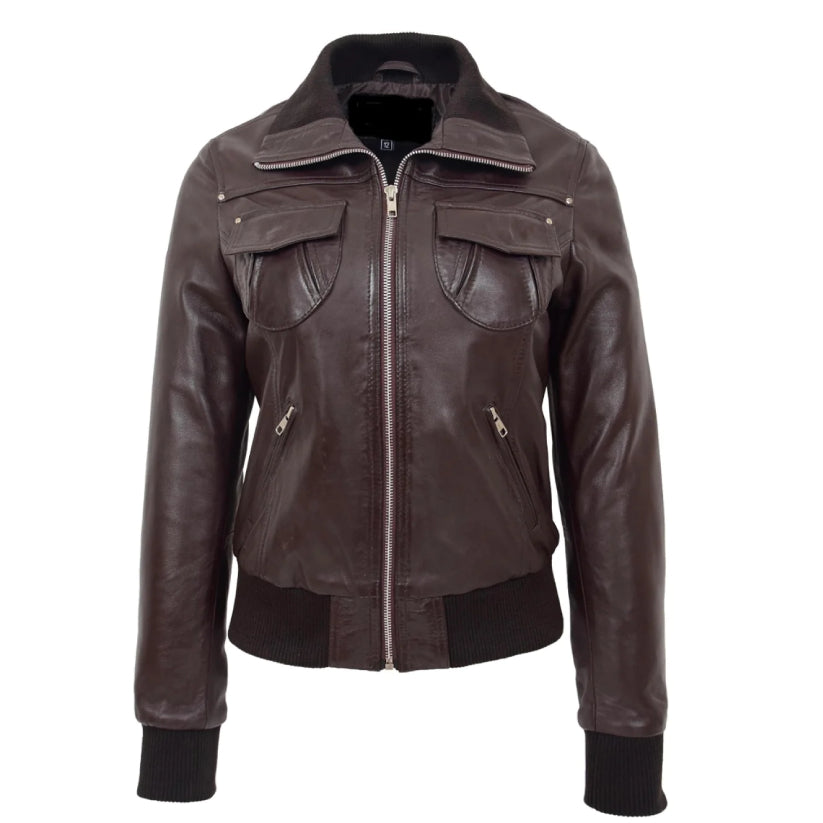 Bomber Brown Leather Jacket For Women