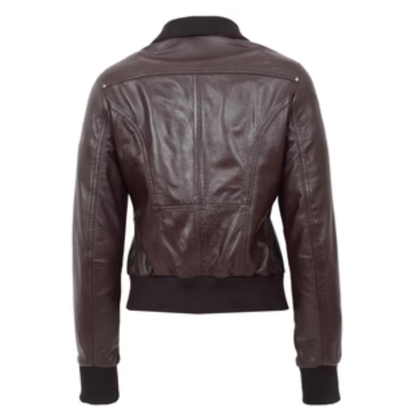 Bomber Brown Leather Jacket For Women