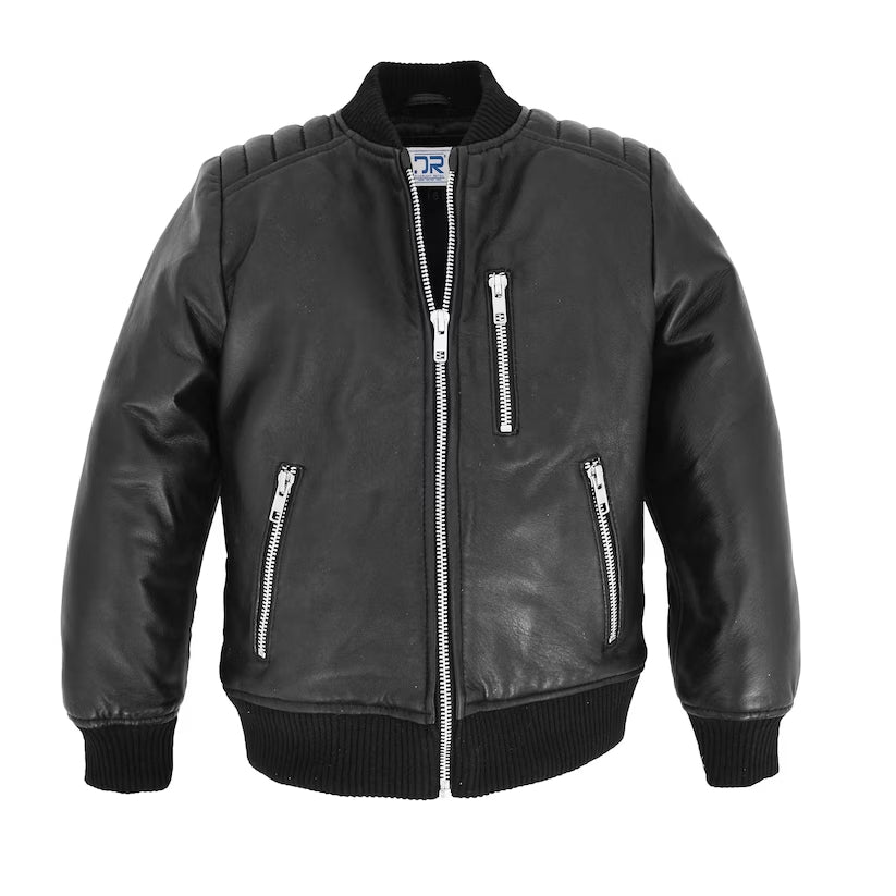 Boys Black Real Leather Bomber Jacket