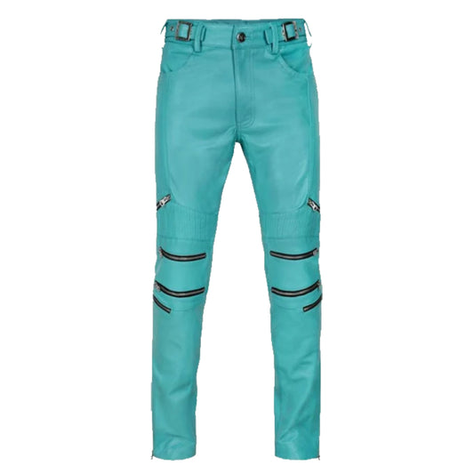 Bright Blue Electric Zipper Leather Pent
