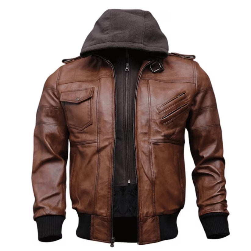Brown Distressed Leather Bomber Jacket