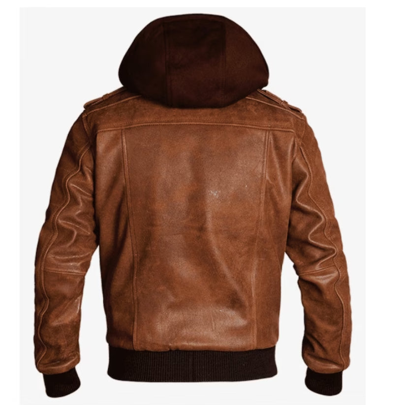 Brown Distressed Leather Bomber Jacket