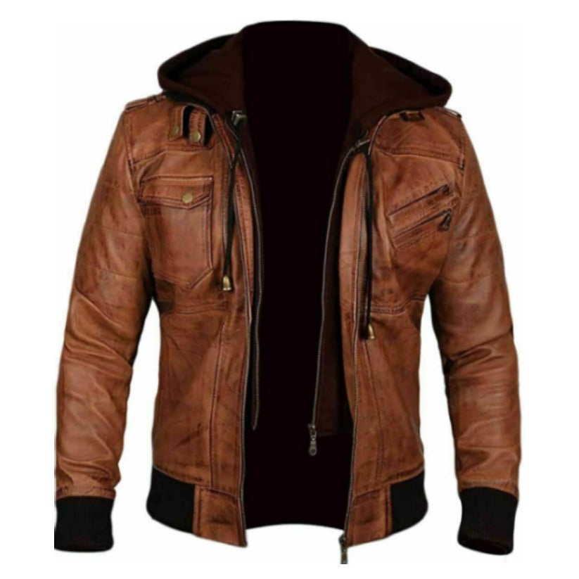 Brown Motorcycle Hoody Biker Bomber Men's Vintage Café Racer Lamb Leather Jacket
