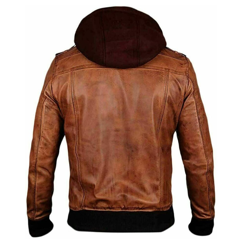 Brown Motorcycle Hoody Biker Bomber Men's Vintage Café Racer Lamb Leather Jacket