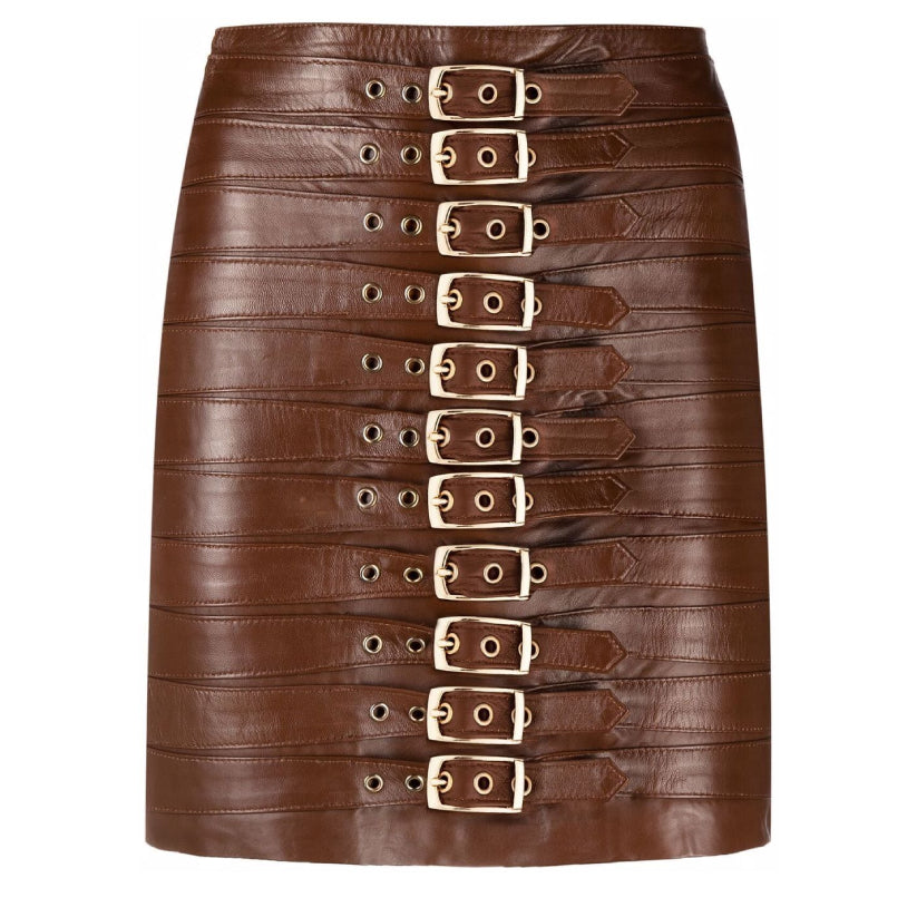 Brown Multi Buckle Fitted Mini Skirt