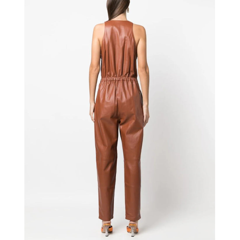 Brown Sleeveless Lambskin Jumpsuit