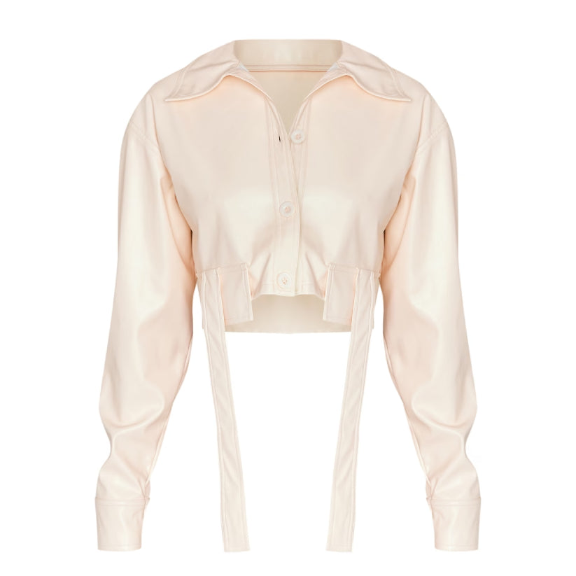 Cream Faux Leather Cropped Shirt
