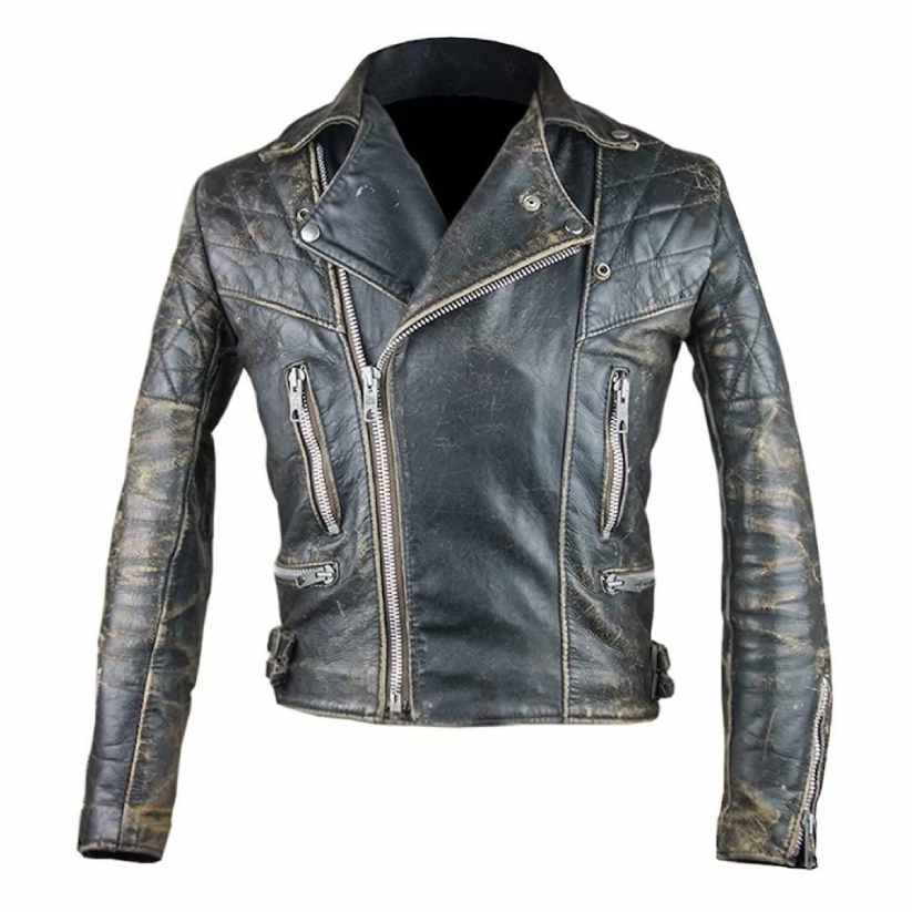 Distressed Black Leather Motorcycle Jacket Mens