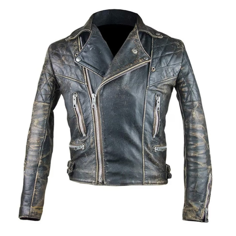 Distressed Black Leather Motorcycle Jacket Mens