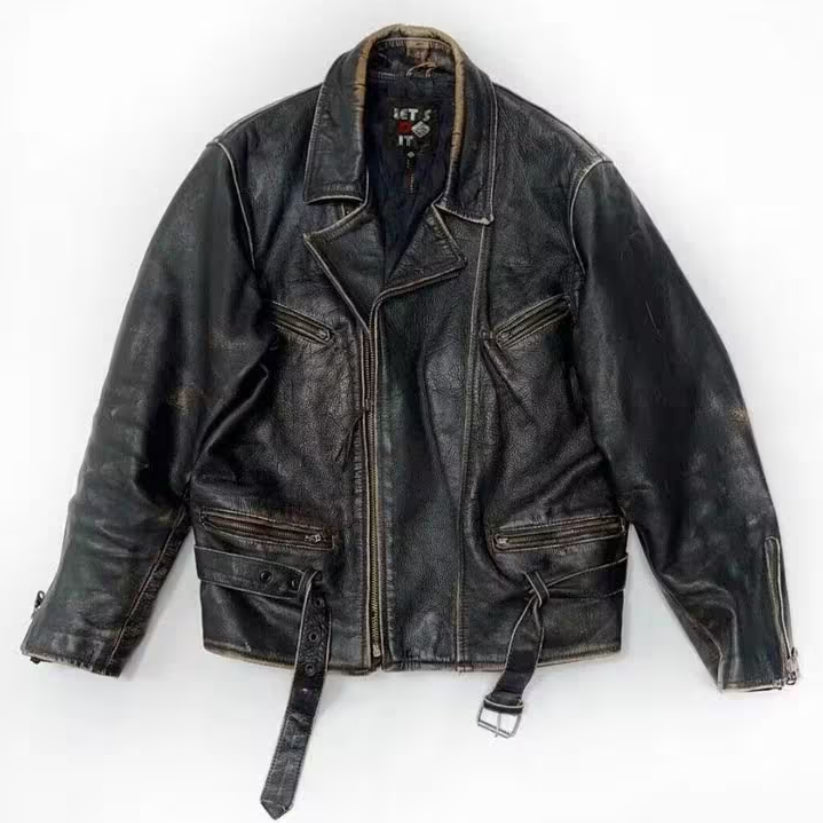 Distressed Black Vintage Style Leather Jacket Mens