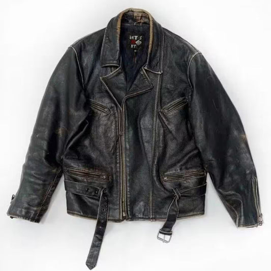 Distressed Black Vintage Style Leather Jacket Mens