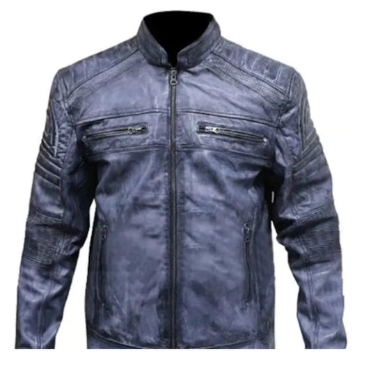 Distressed Blue Cafe Racer Biker Jacket