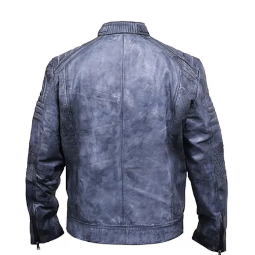 Distressed Blue Cafe Racer Biker Jacket