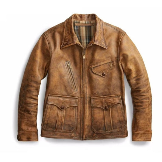 Distressed Tan Wax Leather Jacket Men