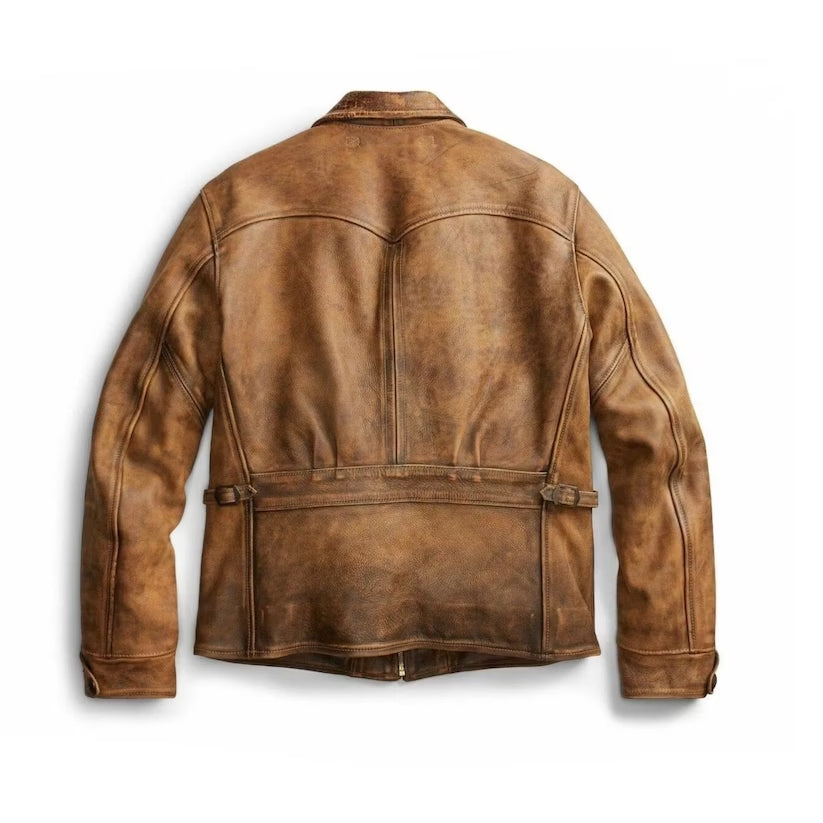 Distressed Tan Wax Leather Jacket Men