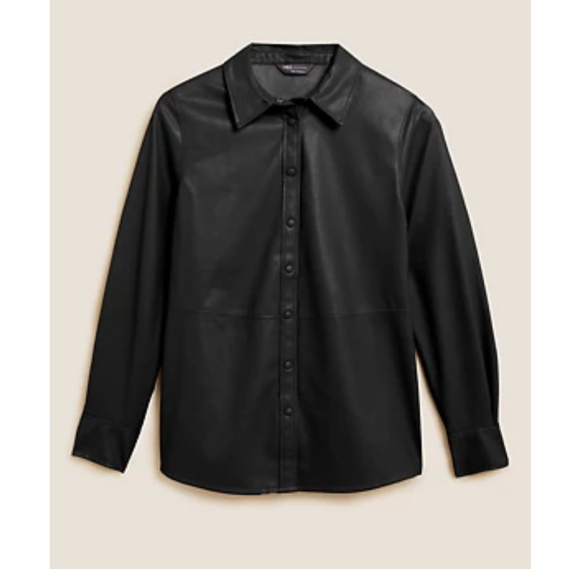 Faux Leather Collared Long Sleeve Shirt