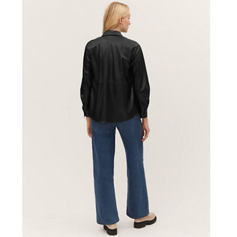 Faux Leather Collared Long Sleeve Shirt