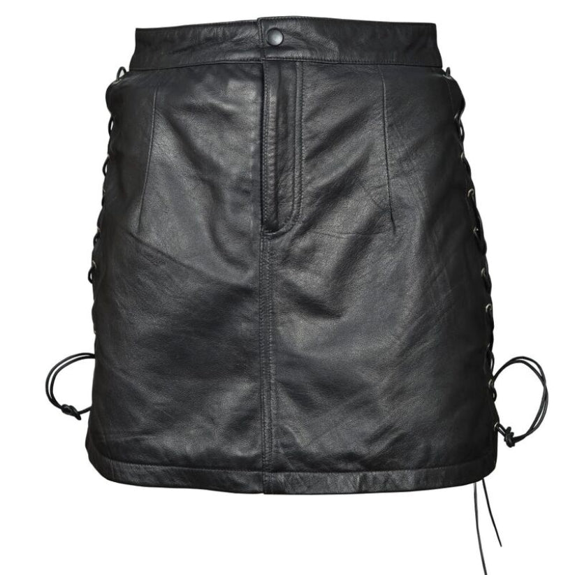 Genuine Real Sheep Leather Women Short Side Laces Mini Skirt