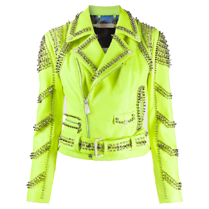 Green Spiked Leather Women Studded Jacket