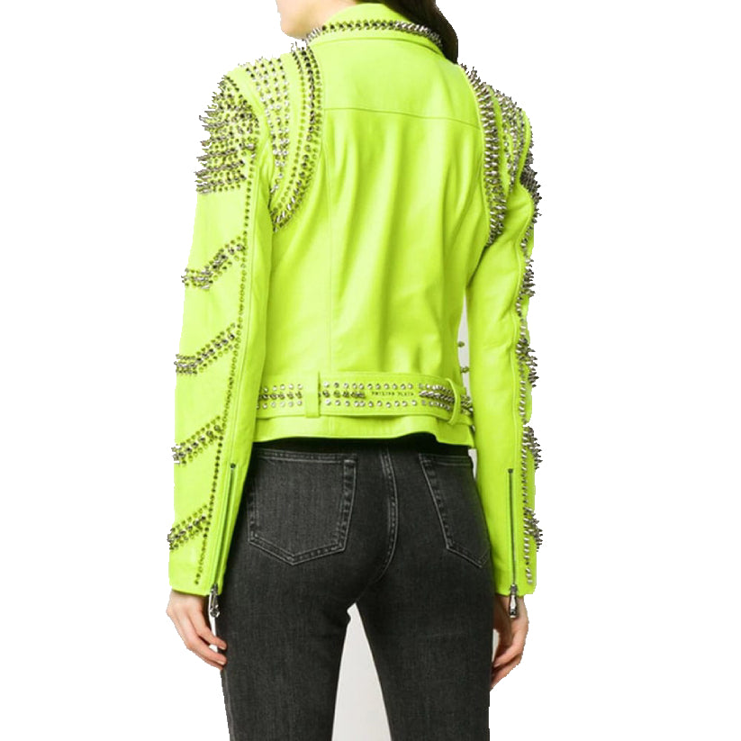 Green Spiked Leather Women Studded Jacket