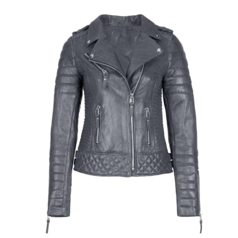 Grey Leather Jacket Women Motorcycle
