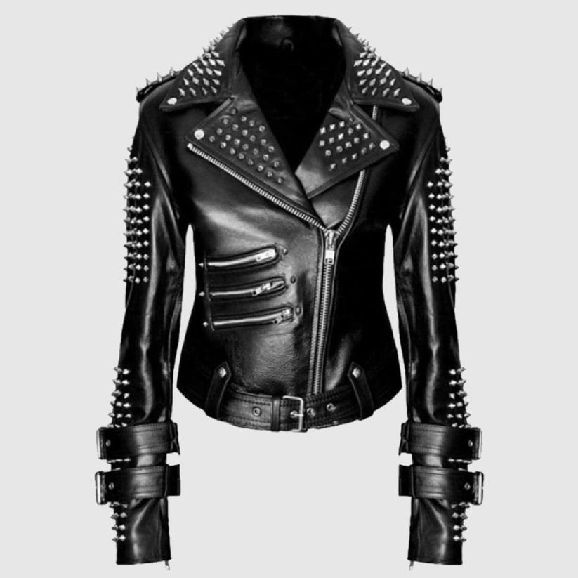 Handmade Women Black Punk Silver Spiked Studded Leather Jacket