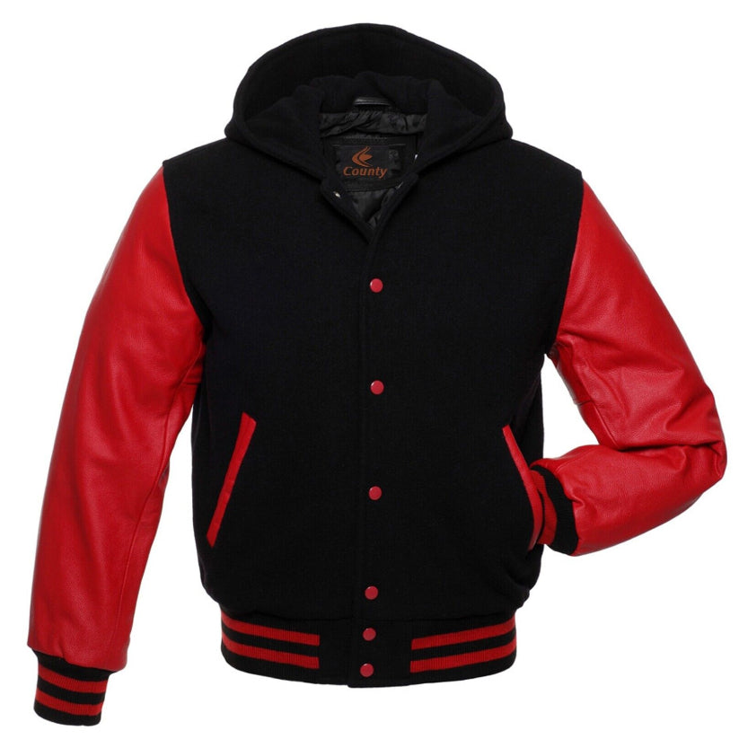 Hoodie Black Body and Red Leather Sleeves Letterman Varsity Baseball Jacket