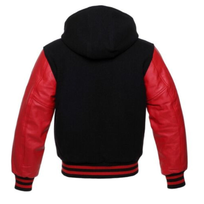 Hoodie Black Body and Red Leather Sleeves Letterman Varsity Baseball Jacket
