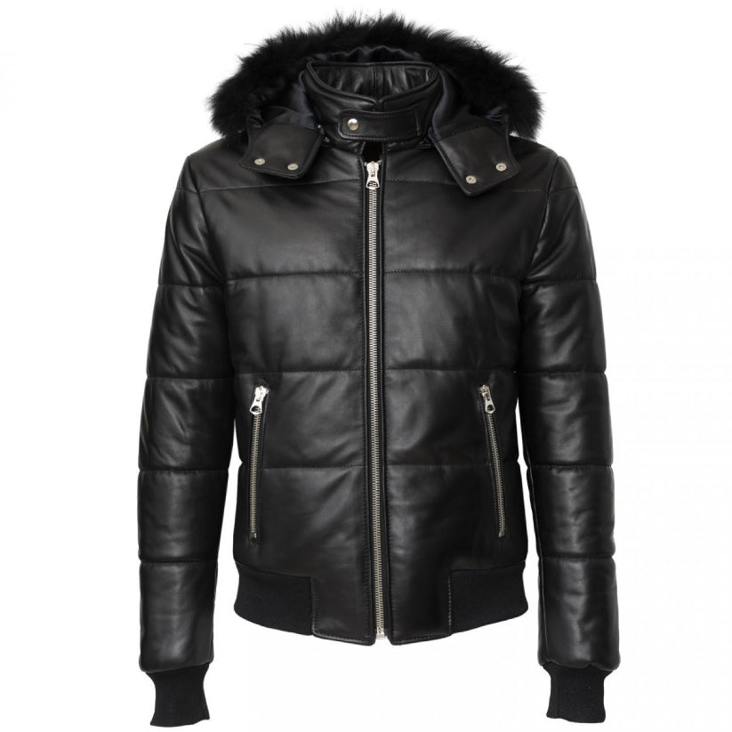 Lack Leather Winter Puffer Jacket with Hood and Fur