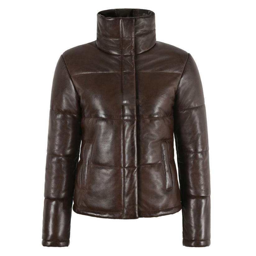 Ladies Puffer Lambskin Leather Brown Jackets