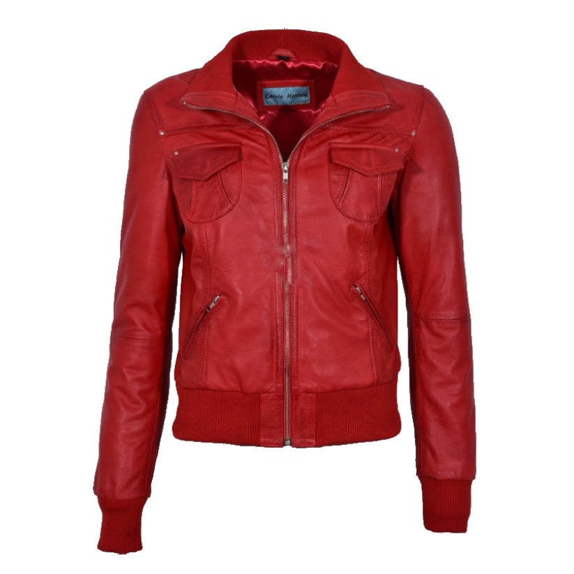 Ladies Real Leather Bomber Jacket Red Short Slim Fit Casual