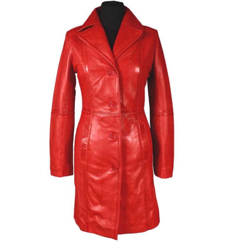Ladies Red Cow Leather Steampunk Style Trench Coat