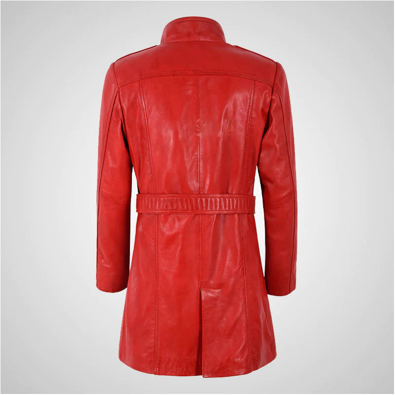 Ladies Red Leather Trench Coat with Belt