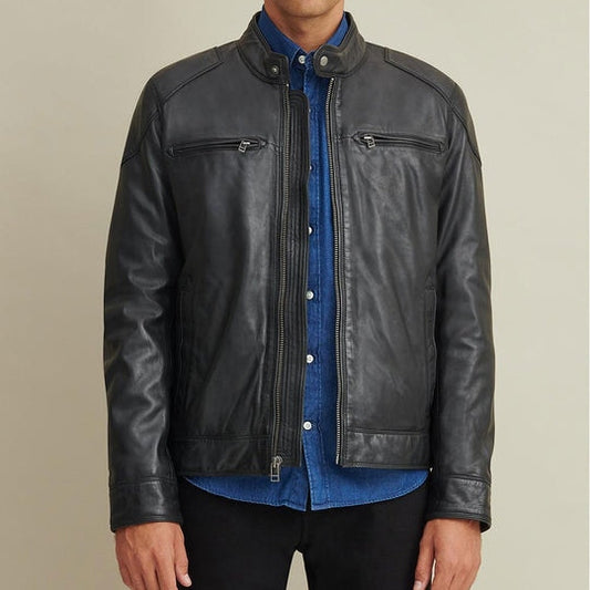 Men’s Leather Biker Jacket – Shoulder-Patch Edition”