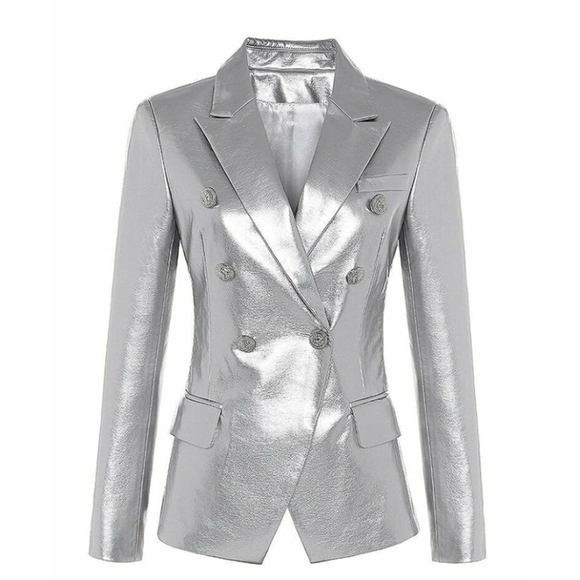 Leather Blazer Women Silver Genuine Lambskin